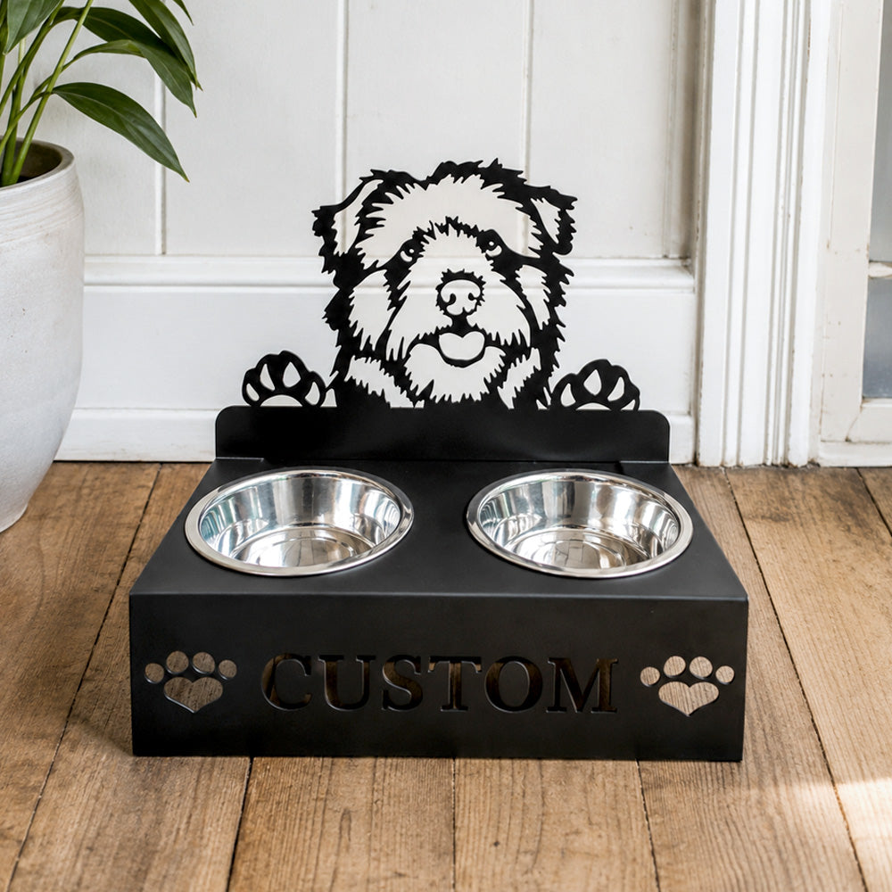 Personalized norfolk norwich terrier metal dog bowl stand with custom name cutout and two removable feeding bowls