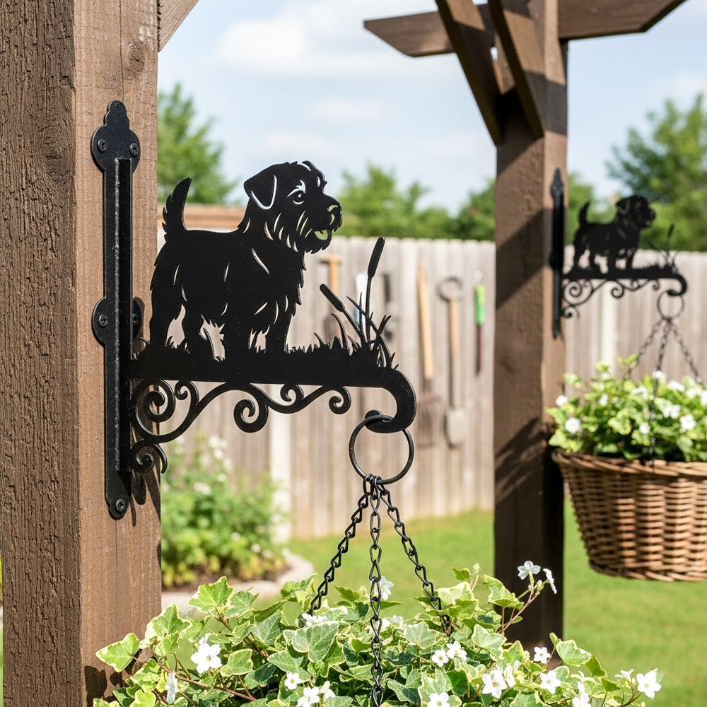 Norfolk terrier metal hanging basket bracket mounted on outdoor wall for plant decoration