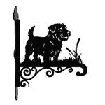 Norfolk terrier metal hanging basket bracket mounted on outdoor wall for plant decoration