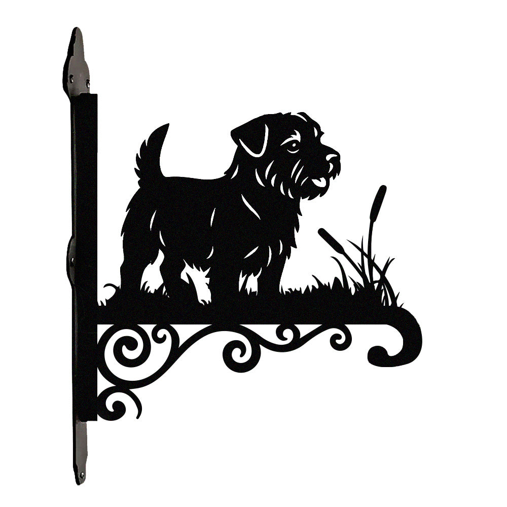 Norfolk terrier metal hanging basket bracket mounted on outdoor wall for plant decoration