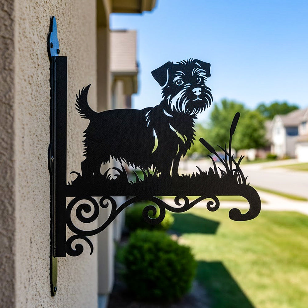 Norfolk terrier metal hanging basket bracket mounted on outdoor wall for plant decoration