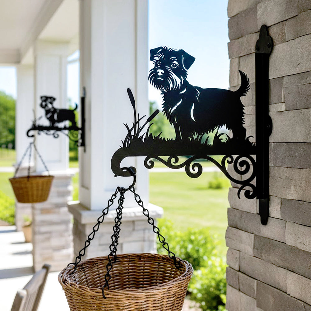 Norfolk terrier metal hanging basket bracket mounted on outdoor wall for plant decoration