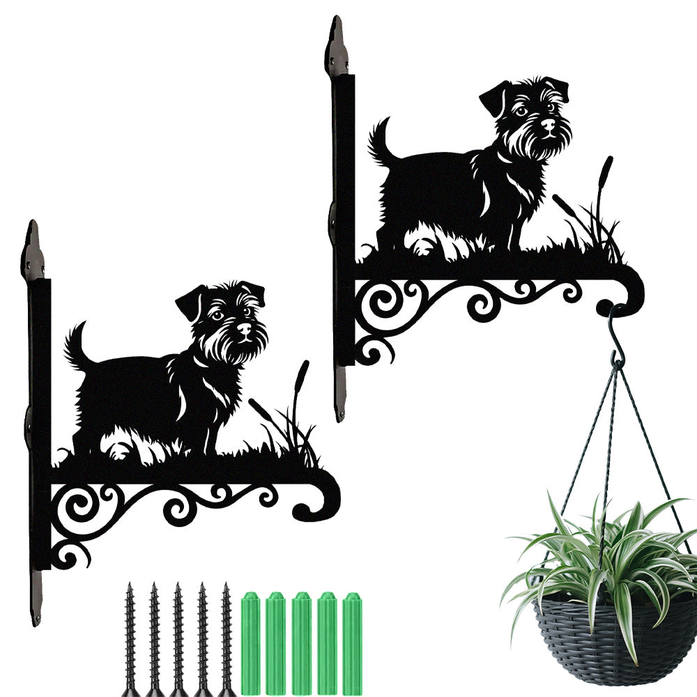 Norfolk terrier metal hanging basket bracket mounted on outdoor wall for plant decoration