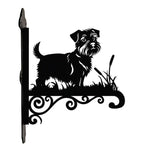 Norfolk terrier metal hanging basket bracket mounted on outdoor wall for plant decoration