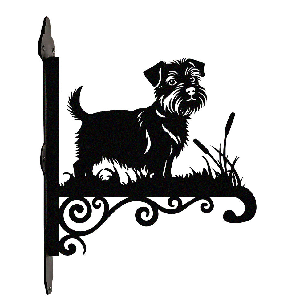 Norfolk terrier metal hanging basket bracket mounted on outdoor wall for plant decoration