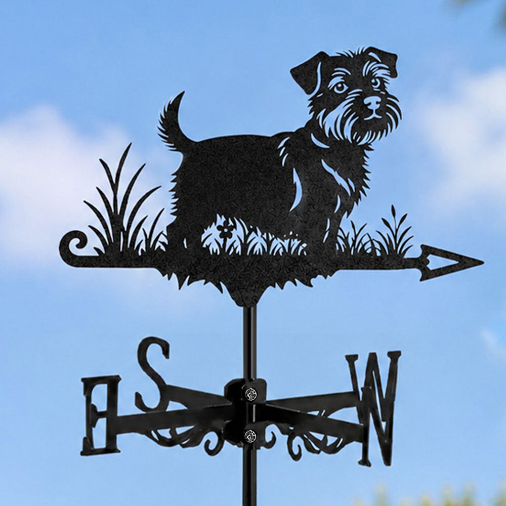 Norfolk terrier metal weather vane with directional arrows and mounting rod, outdoor roof and garden decoration