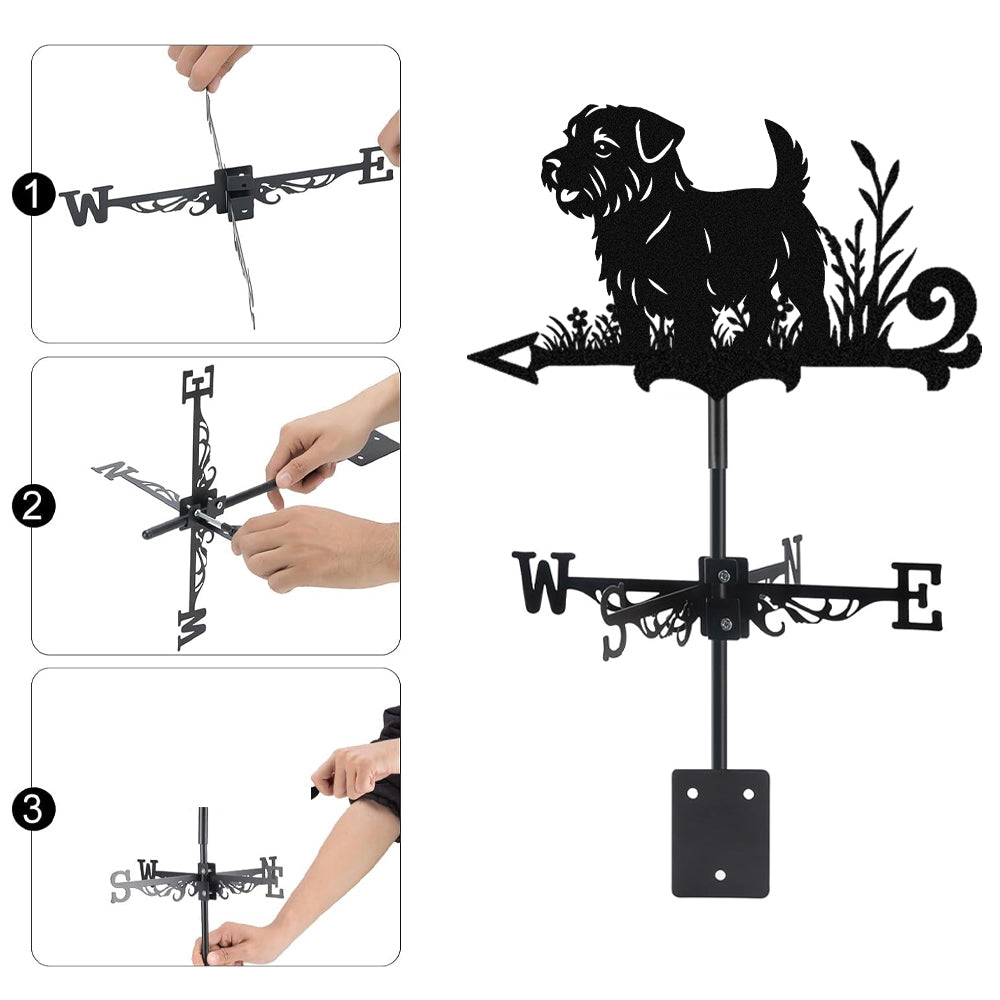 Norfolk terrier metal weather vane with directional arrows and mounting rod, outdoor roof and garden decoration
