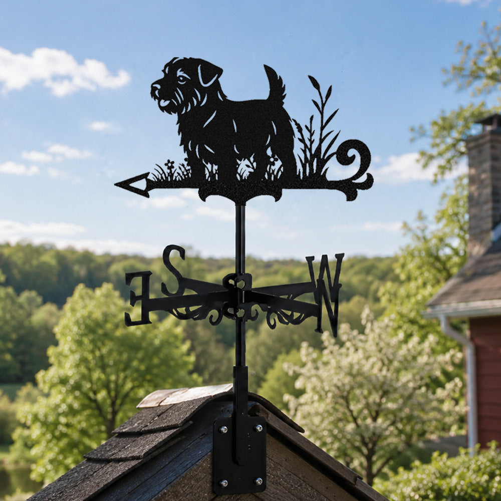 Norfolk terrier metal weather vane with directional arrows and mounting rod, outdoor roof and garden decoration