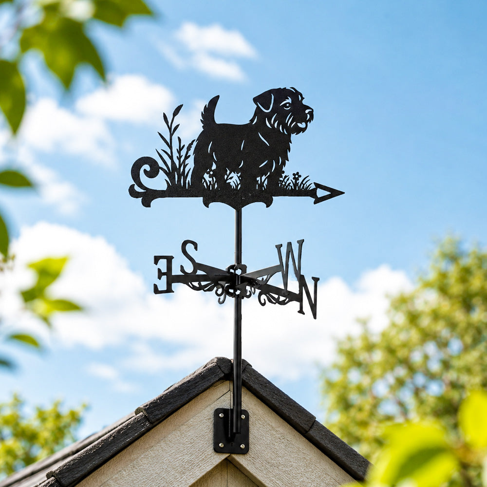 Norfolk terrier metal weather vane with directional arrows and mounting rod, outdoor roof and garden decoration