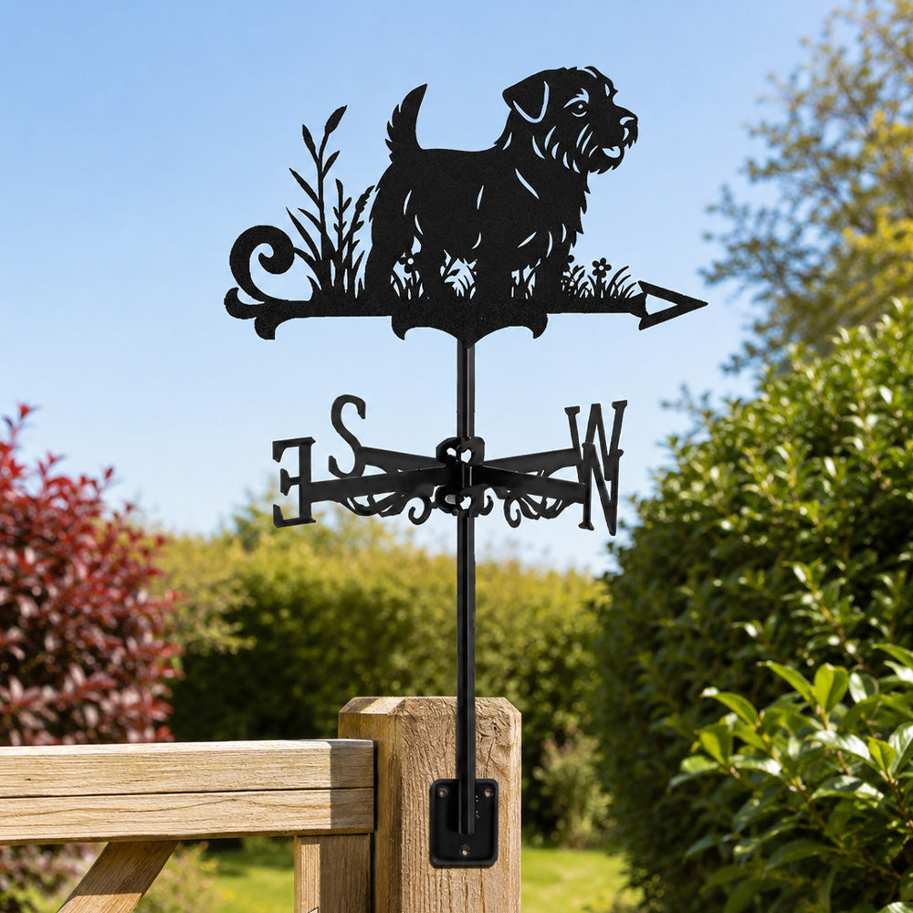 Norfolk terrier metal weather vane with directional arrows and mounting rod, outdoor roof and garden decoration