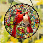 northern cardinal couple stained glass suncatcher window hanging, suitable for home and garden decoration.