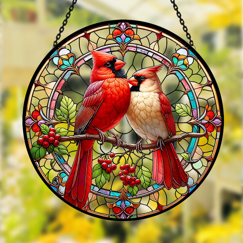 northern cardinal couple stained glass suncatcher window hanging, suitable for home and garden decoration.