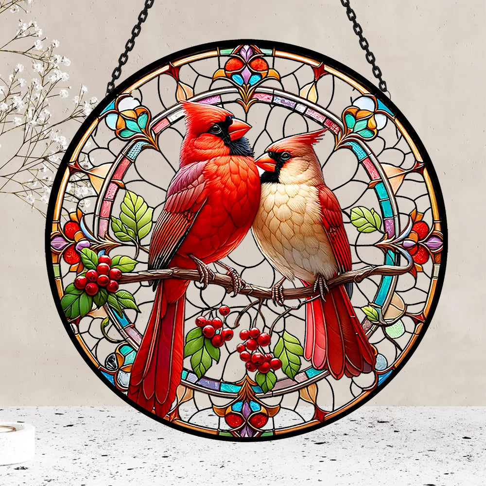 northern cardinal couple stained glass suncatcher window hanging, suitable for home and garden decoration.