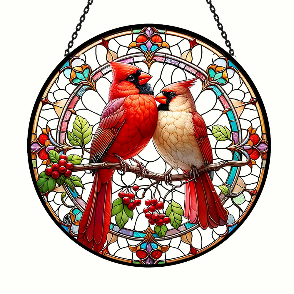 northern cardinal couple stained glass suncatcher window hanging, suitable for home and garden decoration.