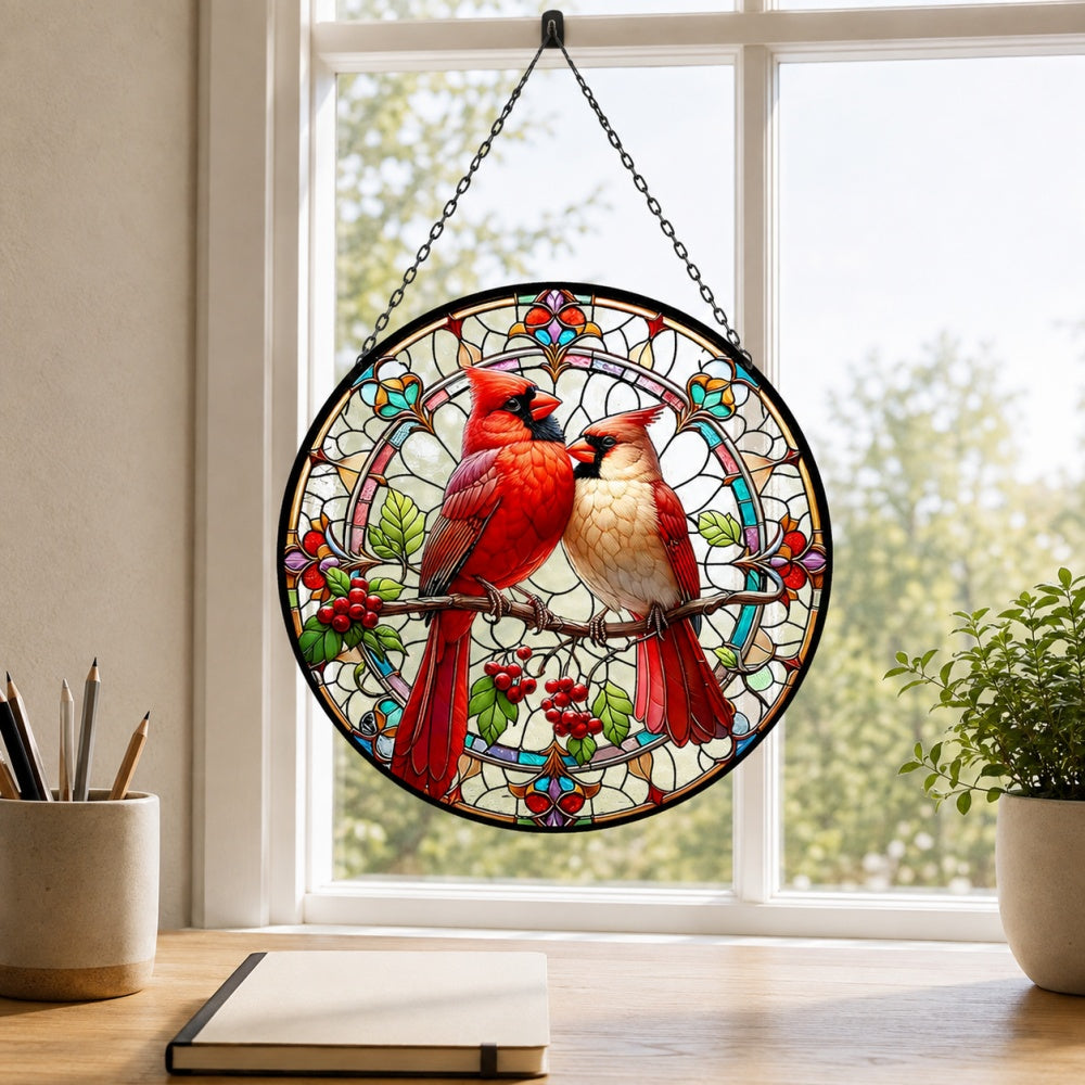 Northern cardinal couple stained glass suncatcher window hanging, suitable for home and garden decoration