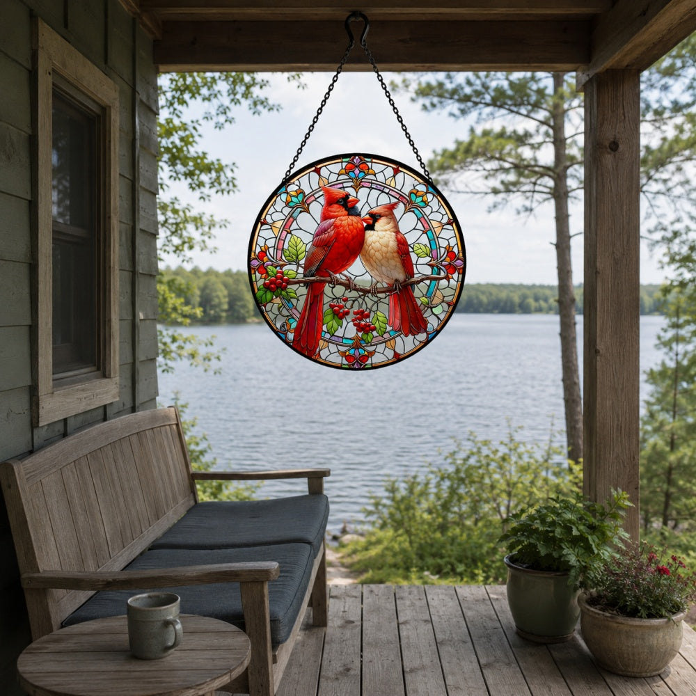 Northern cardinal couple stained glass suncatcher window hanging, suitable for home and garden decoration