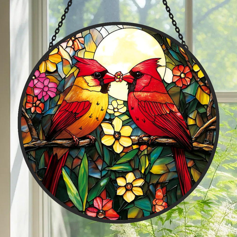 northern cardinal couple with flower stained glass suncatcher window hanging, suitable for home and garden decoration.