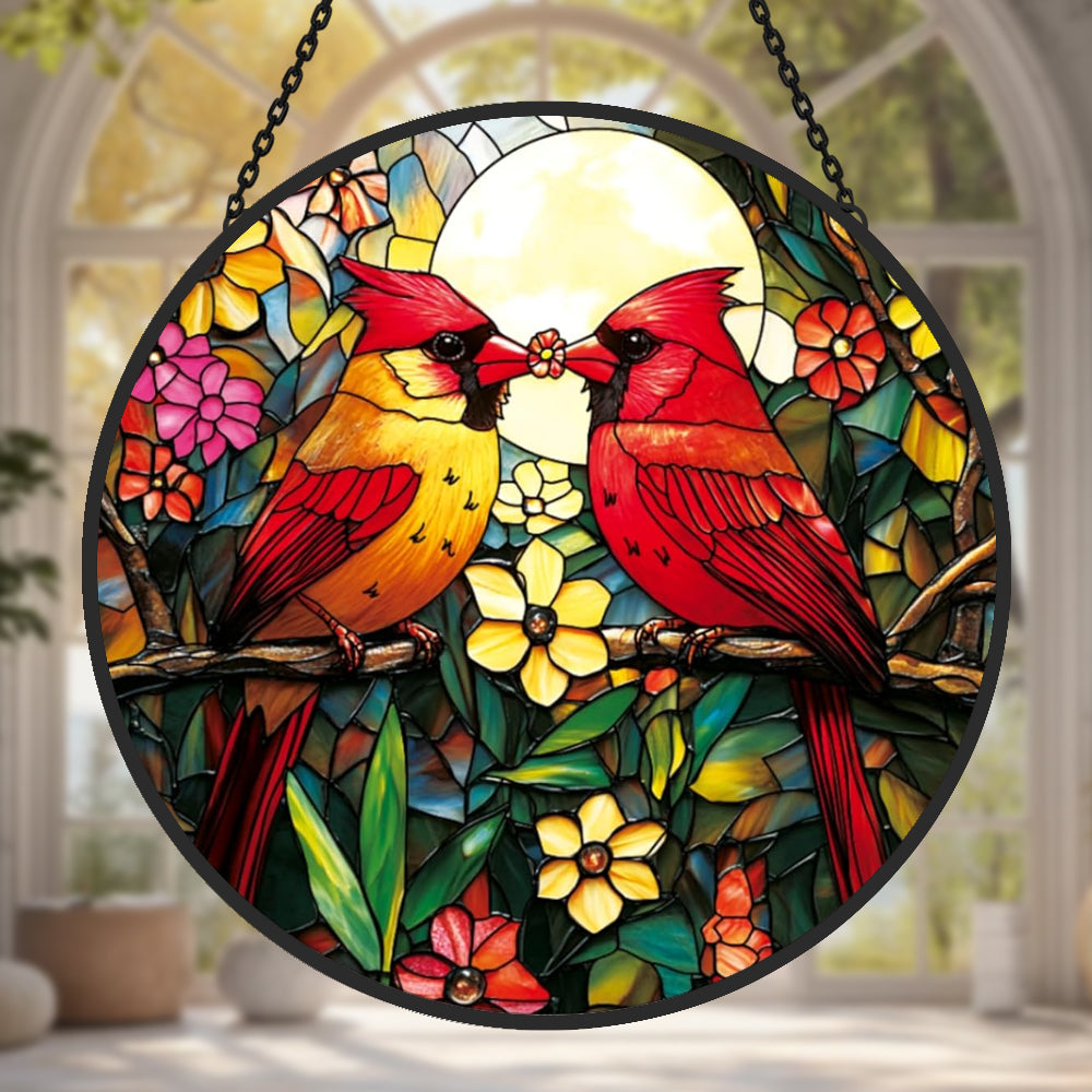northern cardinal couple with flower stained glass suncatcher window hanging, suitable for home and garden decoration.