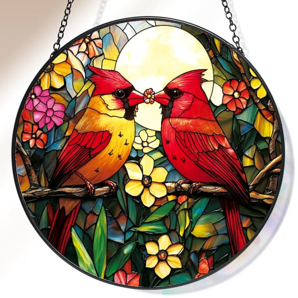 northern cardinal couple with flower stained glass suncatcher window hanging, suitable for home and garden decoration.