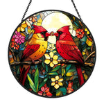 northern cardinal couple with flower stained glass suncatcher window hanging, suitable for home and garden decoration.