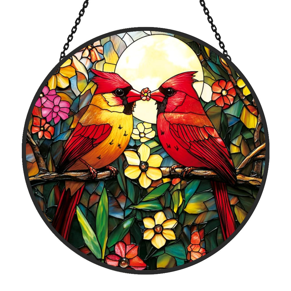 northern cardinal couple with flower stained glass suncatcher window hanging, suitable for home and garden decoration.
