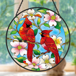 northern cardinals with dogwood blossoms stained glass suncatcher window hanging, suitable for home and garden decoration.