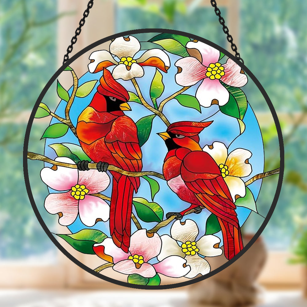 northern cardinals with dogwood blossoms stained glass suncatcher window hanging, suitable for home and garden decoration.