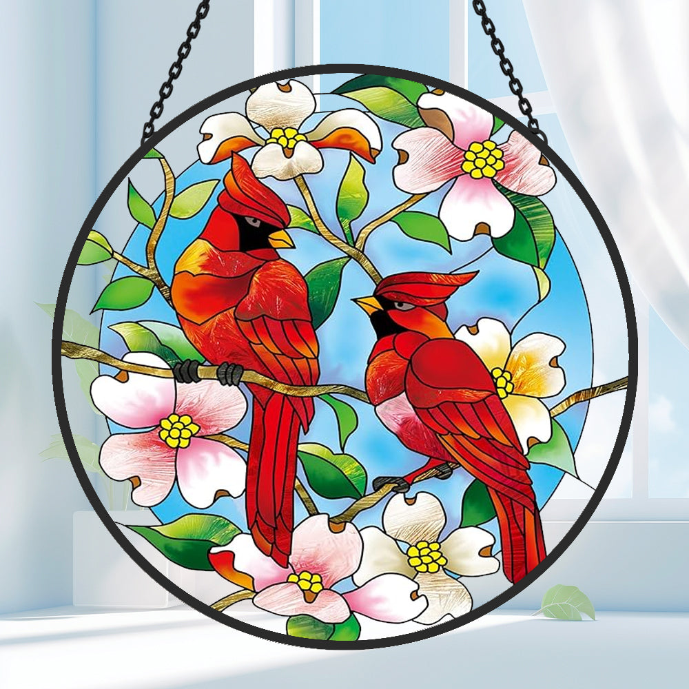 northern cardinals with dogwood blossoms stained glass suncatcher window hanging, suitable for home and garden decoration.