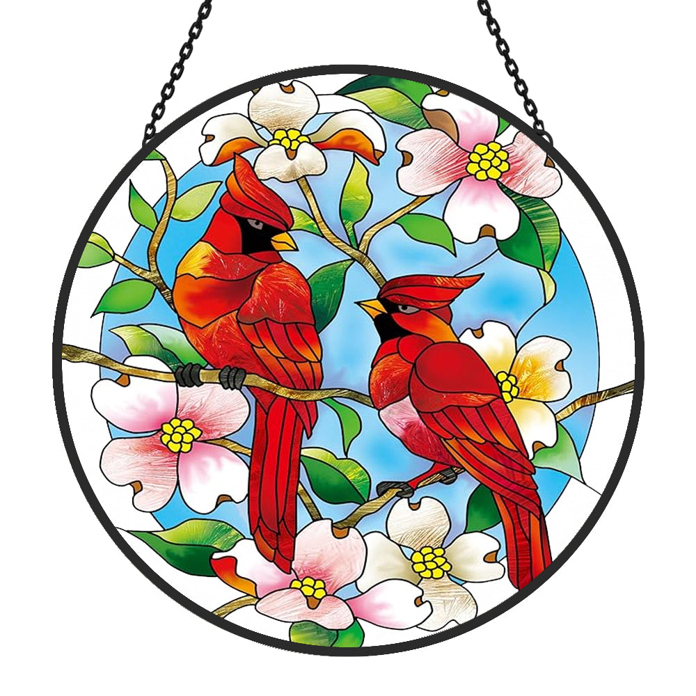 northern cardinals with dogwood blossoms stained glass suncatcher window hanging, suitable for home and garden decoration.