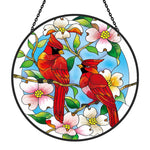 northern cardinals with dogwood blossoms stained glass suncatcher window hanging, suitable for home and garden decoration.