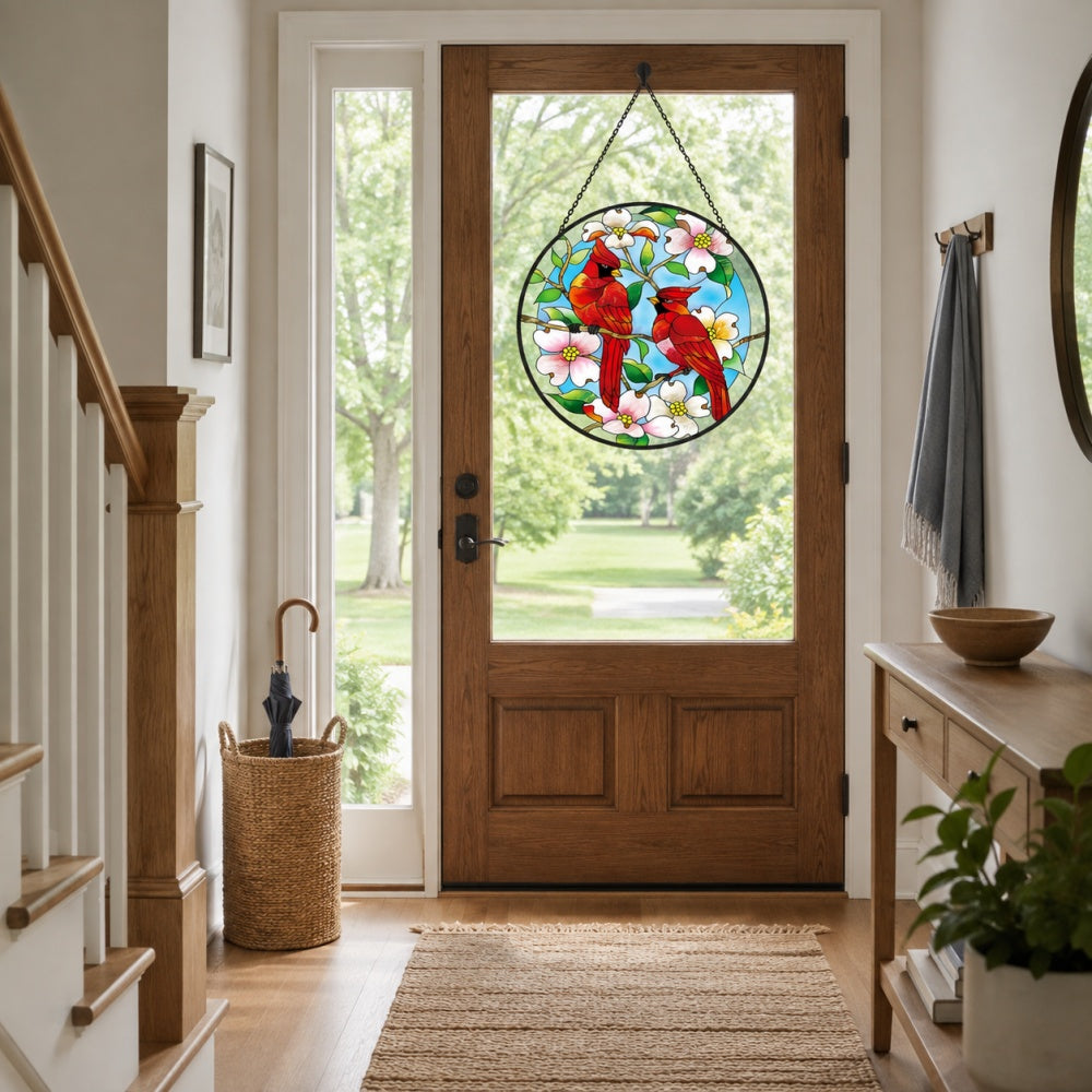 Northern cardinals with dogwood blossoms stained glass suncatcher window hanging, suitable for home and garden decoration