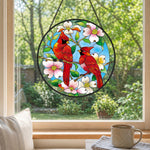 Northern cardinals with dogwood blossoms stained glass suncatcher window hanging, suitable for home and garden decoration