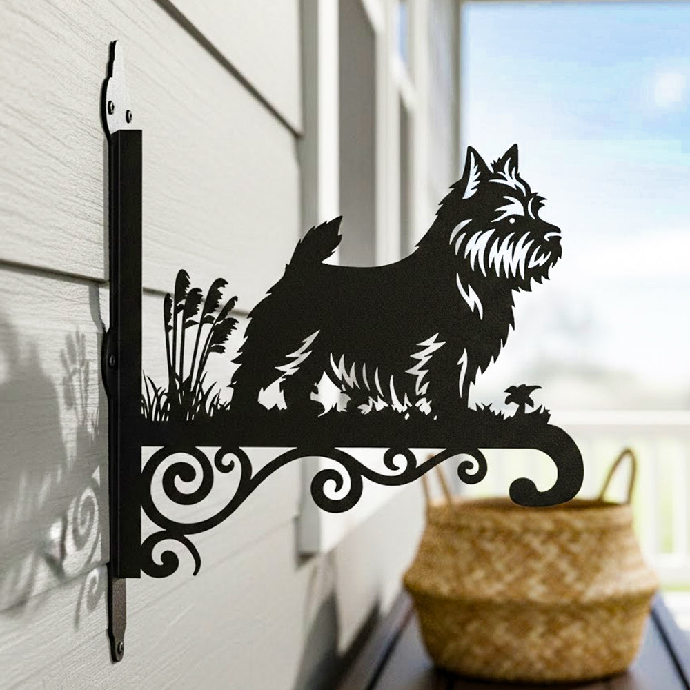 Norwich terrier metal hanging basket bracket mounted on outdoor wall for plant decoration