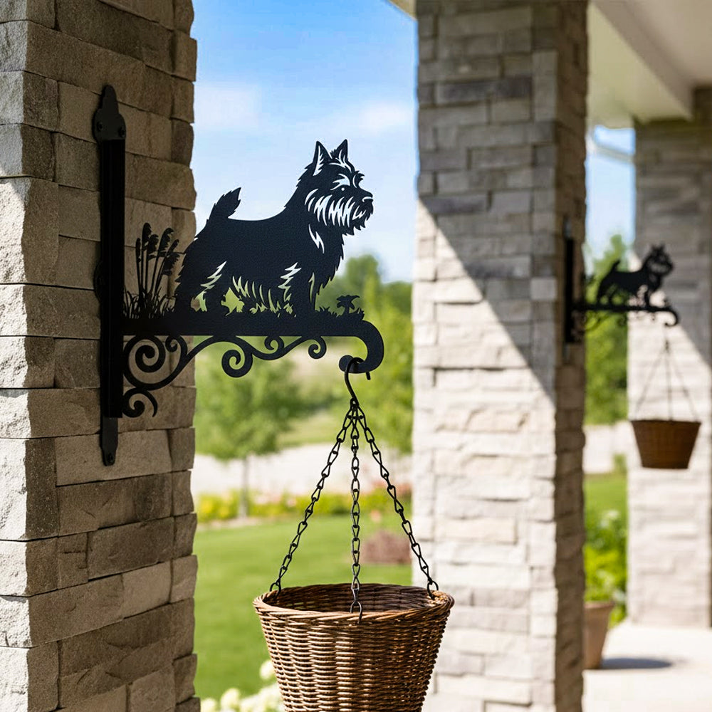 Norwich terrier metal hanging basket bracket mounted on outdoor wall for plant decoration