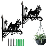 Norwich terrier metal hanging basket bracket mounted on outdoor wall for plant decoration