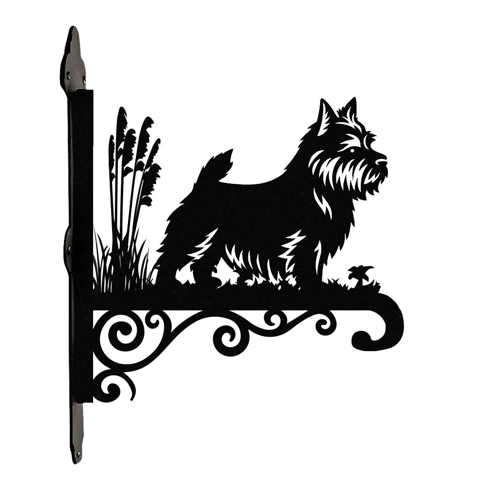 Norwich terrier metal hanging basket bracket mounted on outdoor wall for plant decoration