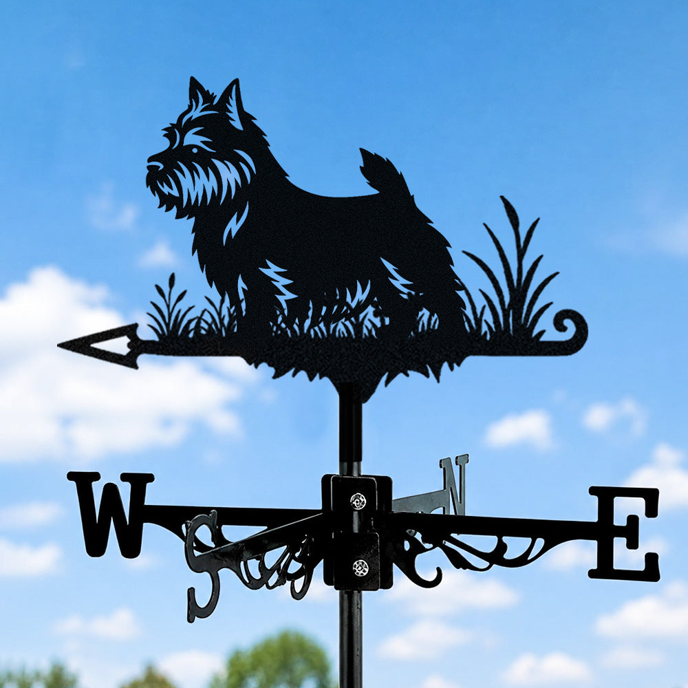 Norwich terrier metal weather vane with directional arrows and mounting rod, outdoor roof and garden decoration