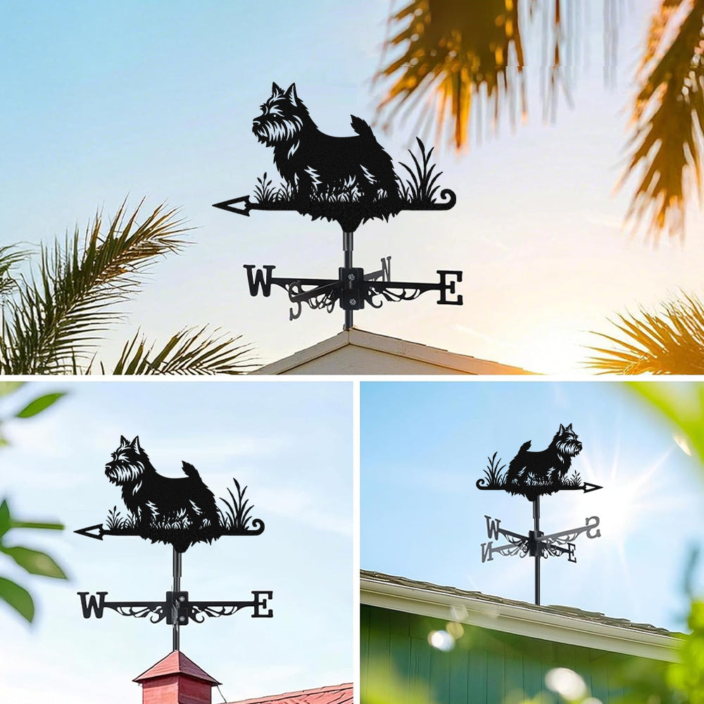 Norwich terrier metal weather vane with directional arrows and mounting rod, outdoor roof and garden decoration