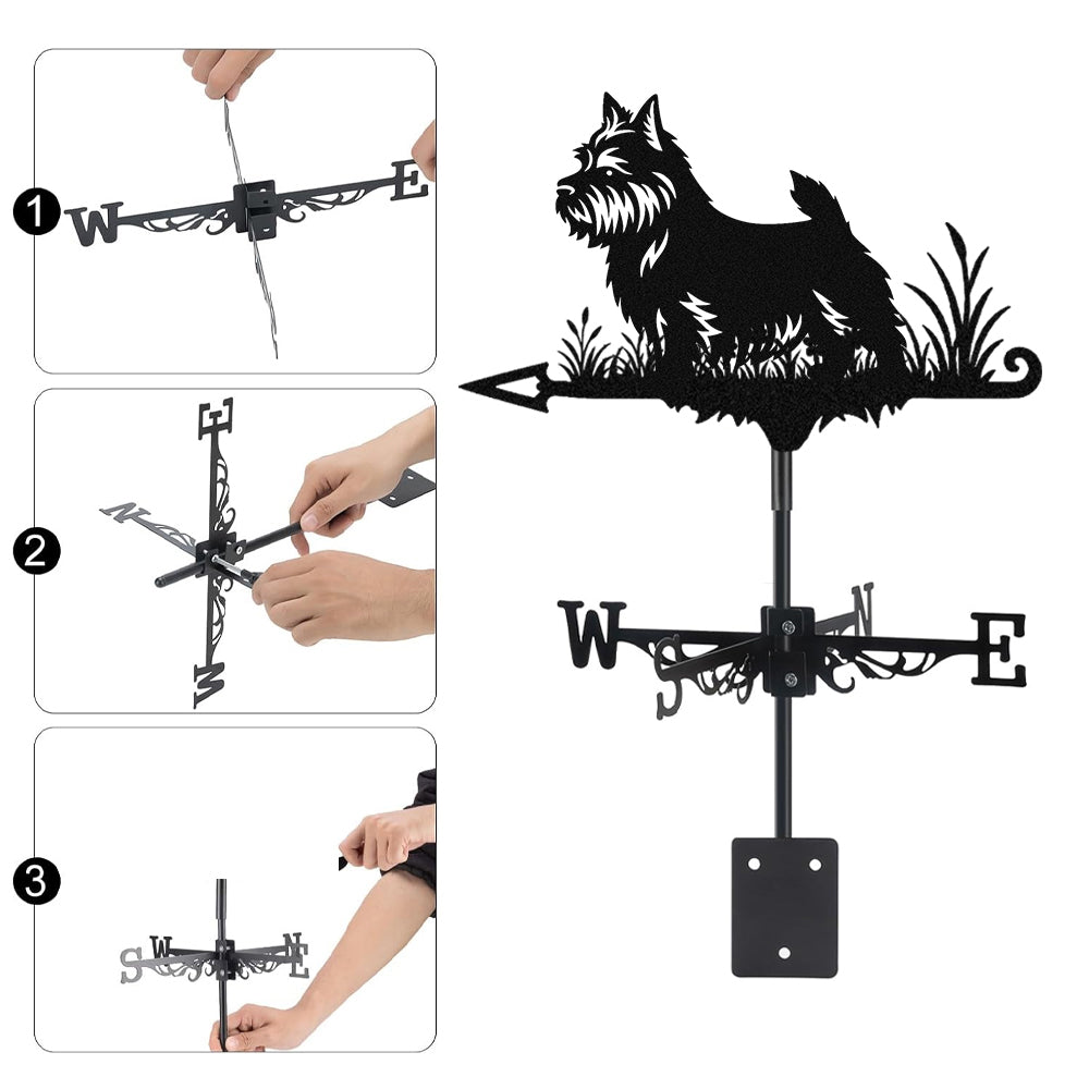Norwich terrier metal weather vane with directional arrows and mounting rod, outdoor roof and garden decoration