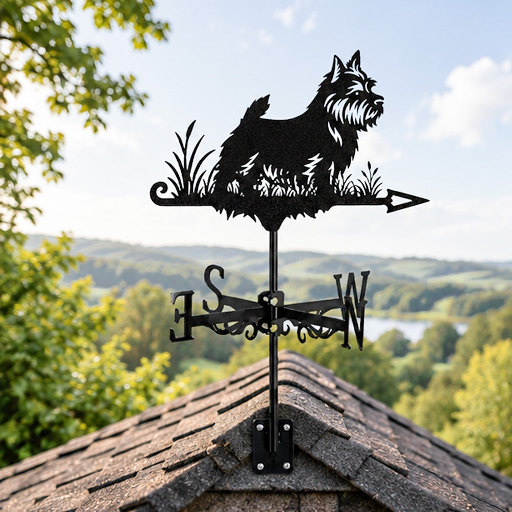Norwich terrier metal weather vane with directional arrows and mounting rod, outdoor roof and garden decoration