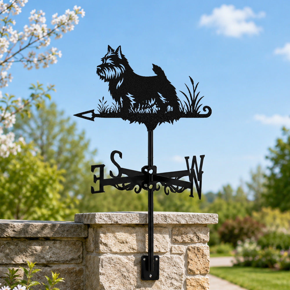 Norwich terrier metal weather vane with directional arrows and mounting rod, outdoor roof and garden decoration