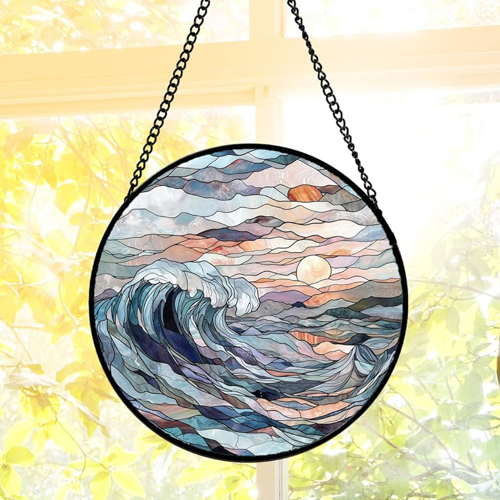 Ocean crashing wave sunset stained glass suncatcher window hanging, suitable for home and garden decoration