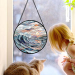Ocean crashing wave sunset stained glass suncatcher window hanging, suitable for home and garden decoration