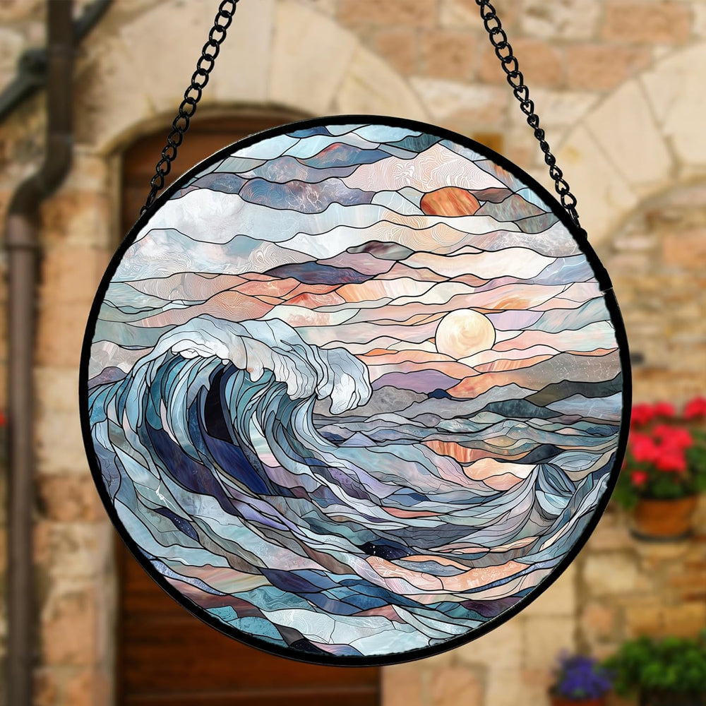 Ocean crashing wave sunset stained glass suncatcher window hanging, suitable for home and garden decoration