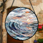 Ocean crashing wave sunset stained glass suncatcher window hanging, suitable for home and garden decoration
