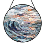 Ocean crashing wave sunset stained glass suncatcher window hanging, suitable for home and garden decoration