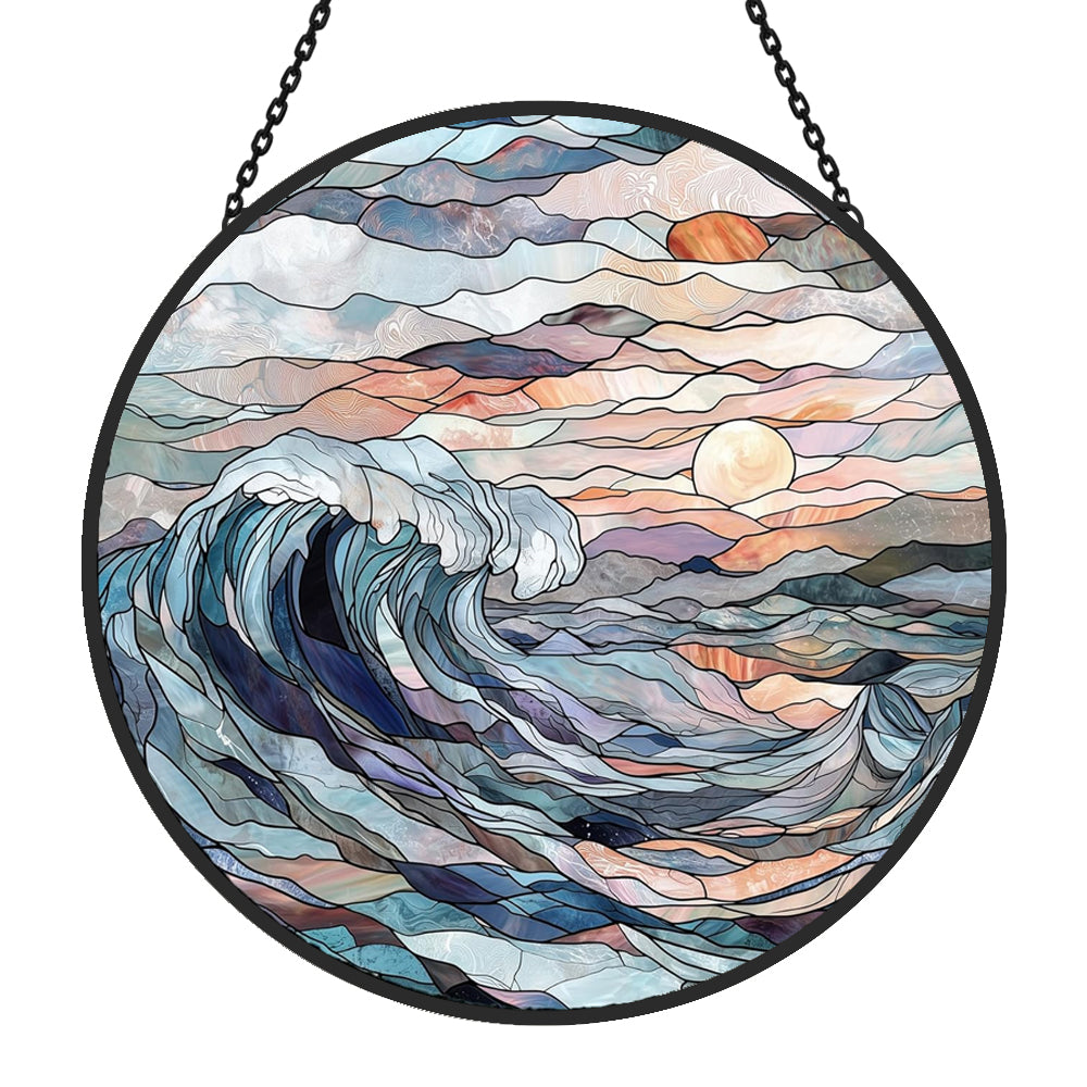 Ocean crashing wave sunset stained glass suncatcher window hanging, suitable for home and garden decoration