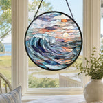 Ocean crashing wave sunset stained glass suncatcher window hanging, suitable for home and garden decoration