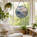 Ocean crashing wave sunset stained glass suncatcher window hanging, suitable for home and garden decoration