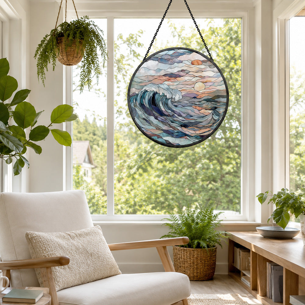 Ocean crashing wave sunset stained glass suncatcher window hanging, suitable for home and garden decoration